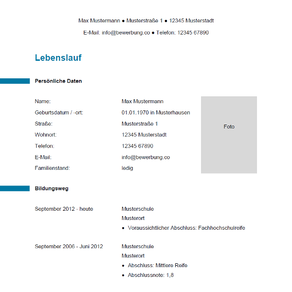 Muster / Vorlage: Lebenslauf für eine Ausbildung