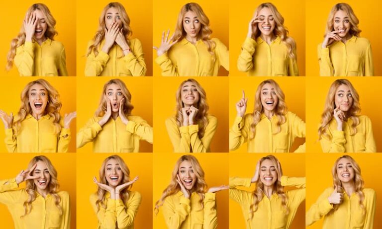 Eine Collage einer Frau mit mehreren Emotionen, die richtigen Ausdrücke zu zeigen ist Teil der emotionalen Intelligenz